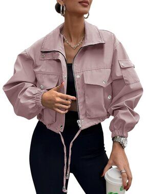 〽️Women's Dusty Pink Lightweight Cropped Windbreaker Cargo Jacket Full Zip Utili